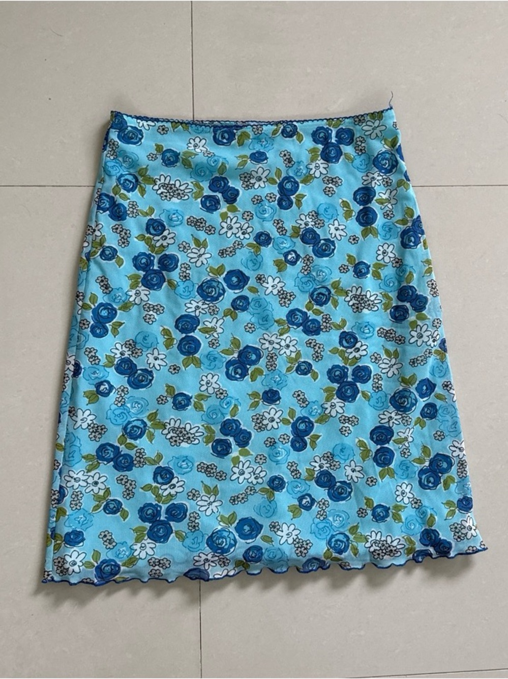 Vintage Onyx Blue Floral Pencil Skirt Micro Mesh Lettuce Hem